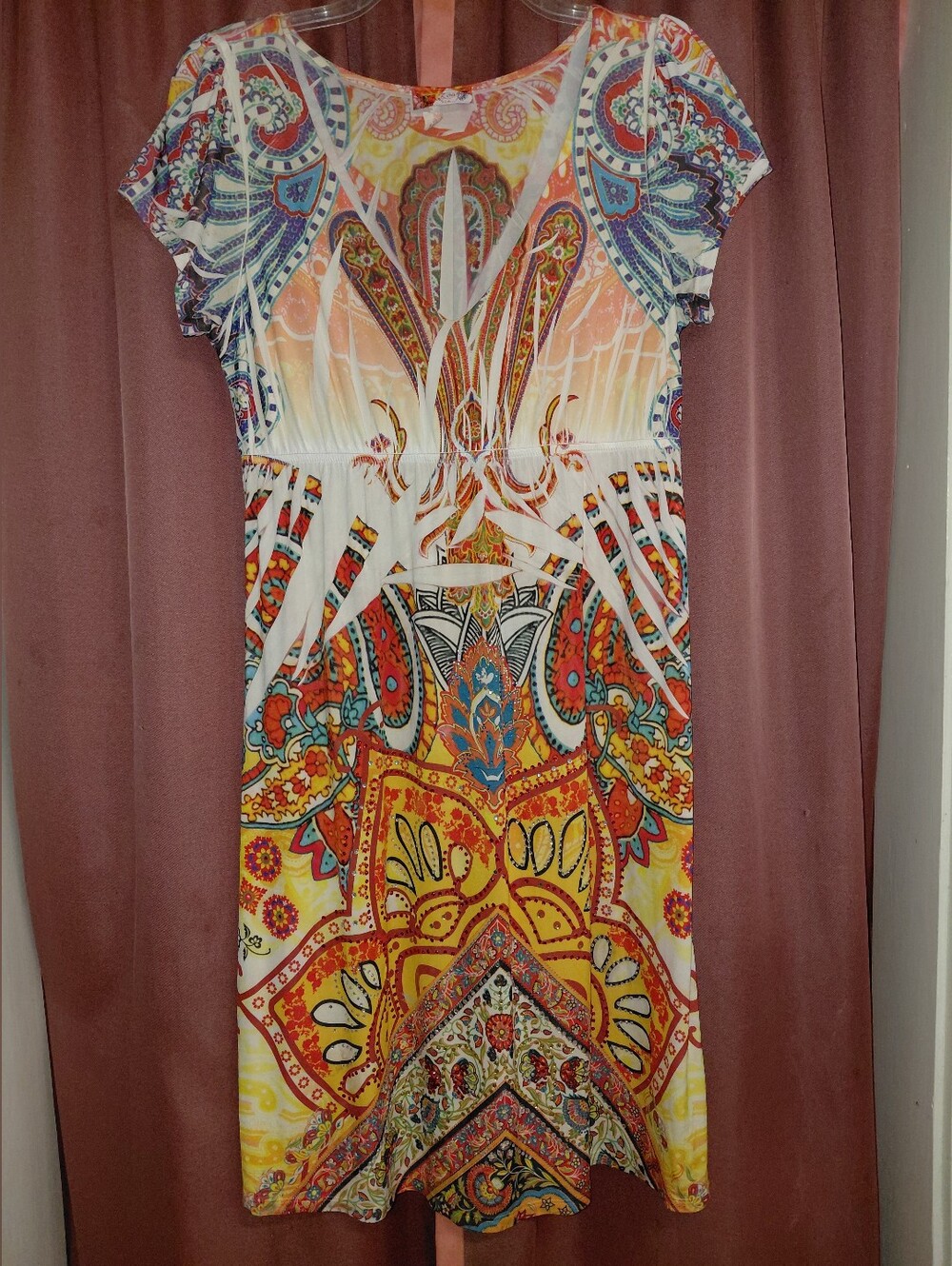 Bohemian Print Midi Dress in Multicolor Rhinestone Vneck Y2k (M)